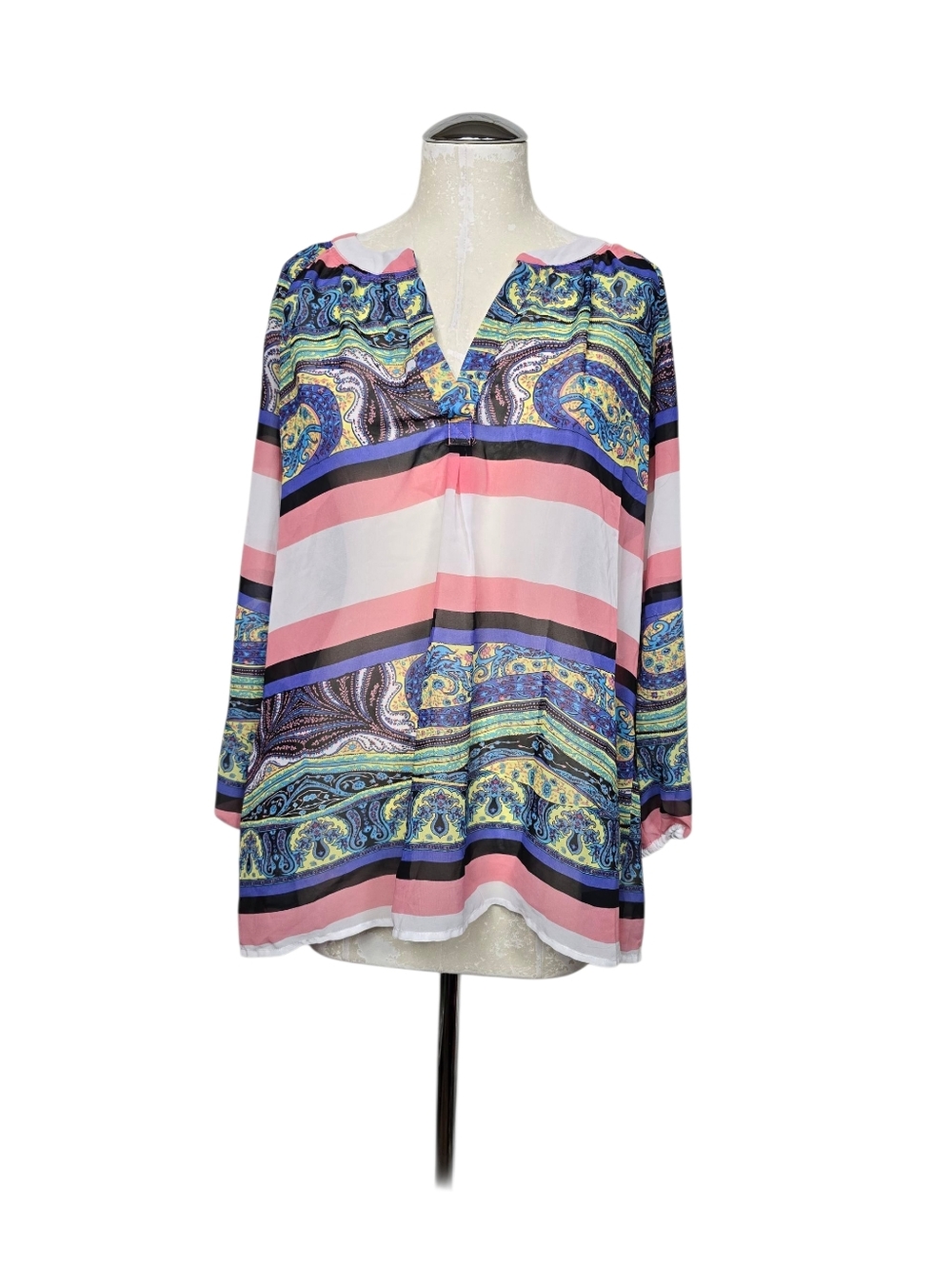 Milano Sheer Paisley Striped Blouse XL Pink Blue Yellow White Green